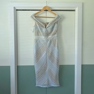 Midi Off the Shoulder White Dress with Nude Underlay